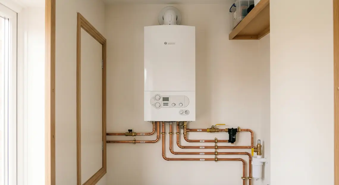 A neatly installed modern combi boiler on a wall in a UK home